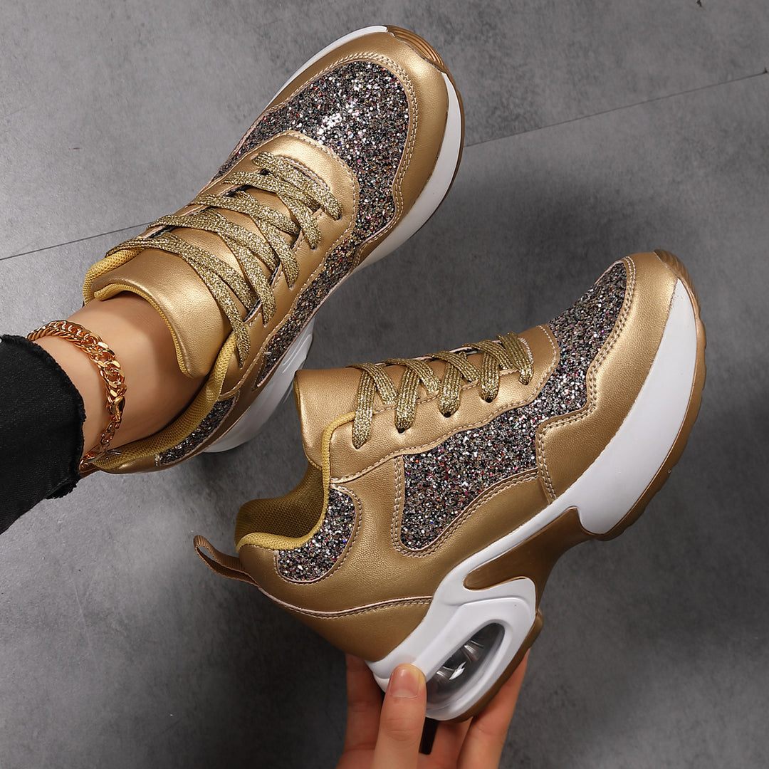 Damen nan modische Plateau-Sneaker mit Glitzerbesatz und sichtbarem Luftpolster EB