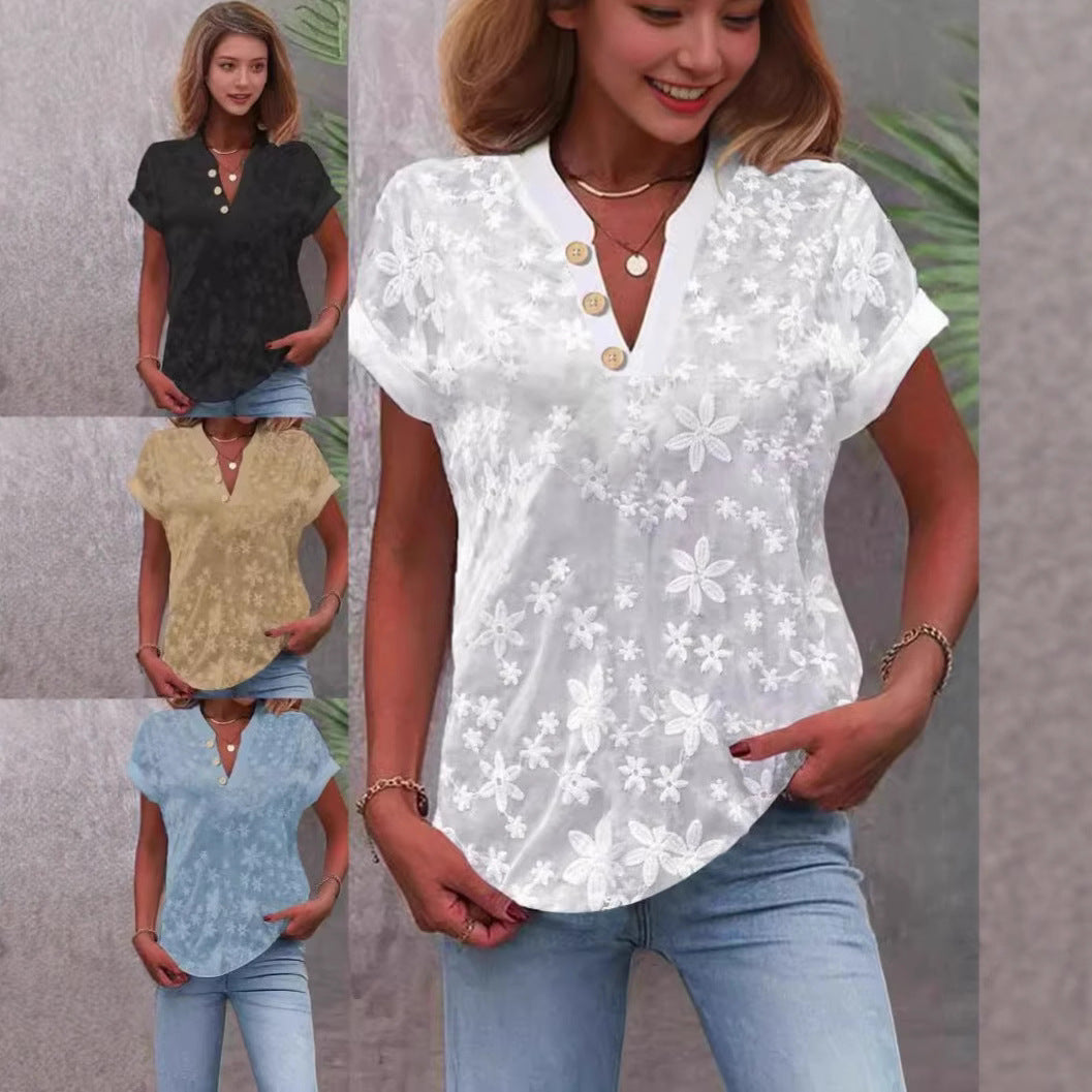 Damen Bluse mit floralem Stickmuster und klassischem V-Ausschnitt EB