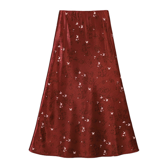 Damen  A-Linien Midirock aus Jacquard-Satin mit floralen und Schmetterlingsreliefs EB