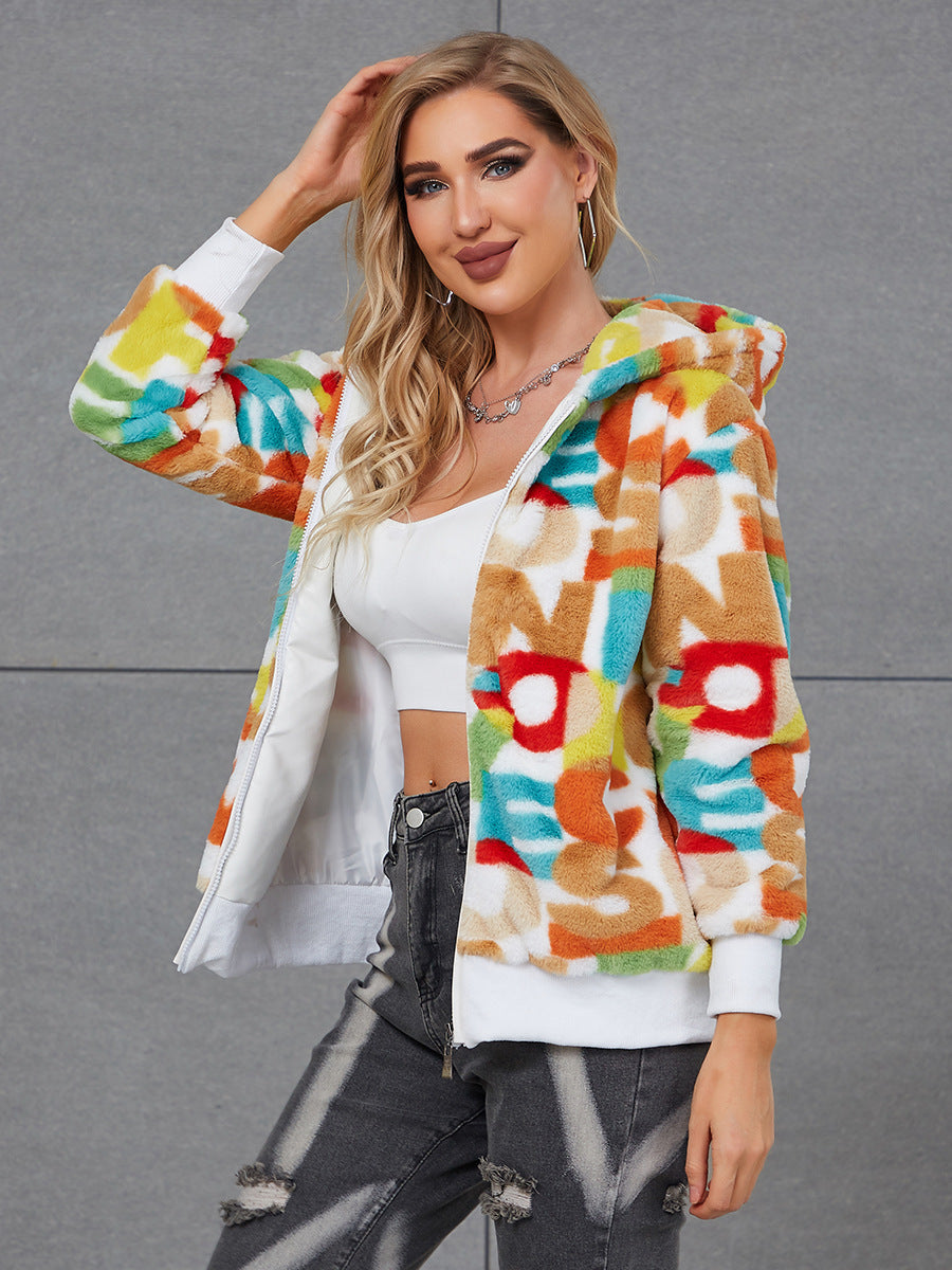 Damen Flauschige Kapuzenjacke mit buntem Muster und praktischen Taschen EB