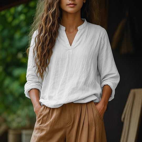 Damen Casual Tunika-Bluse in Leinenoptik mit kleinem Stehkragen und V‑Schlitz EB