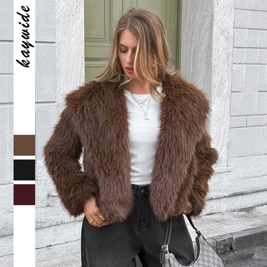 Damen nan kurzer Faux‑Fur‑Mantel mit breitem Stehkragen, dichter Flor und wärmender Innenfütterung EB