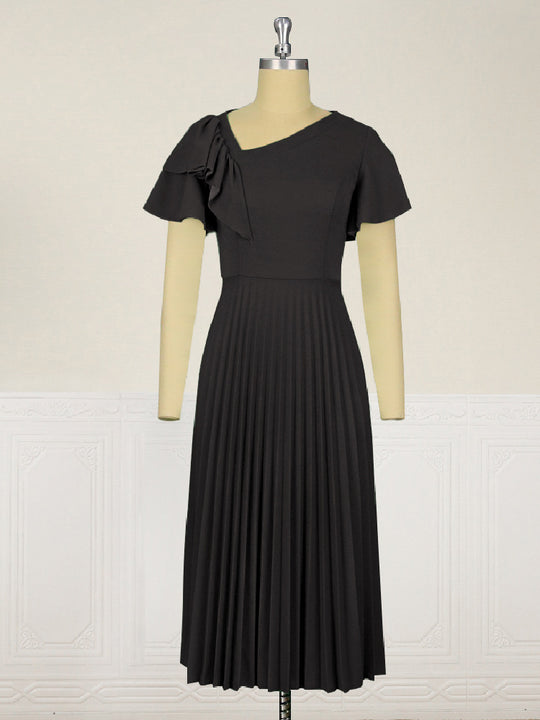 Damen elegantes Plisseekleid mit asymmetrischem Rüschen-Detail EB