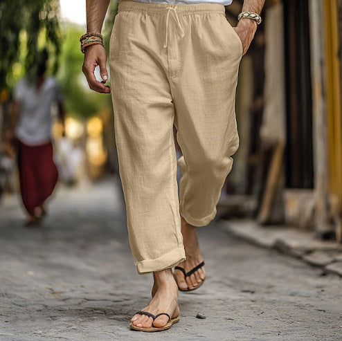 Herren nan lässige Leinen-Joggerhose mit elastischem Tunnelzugbund, seitlichen Eingrifftaschen und aufrollbarem Saum EB