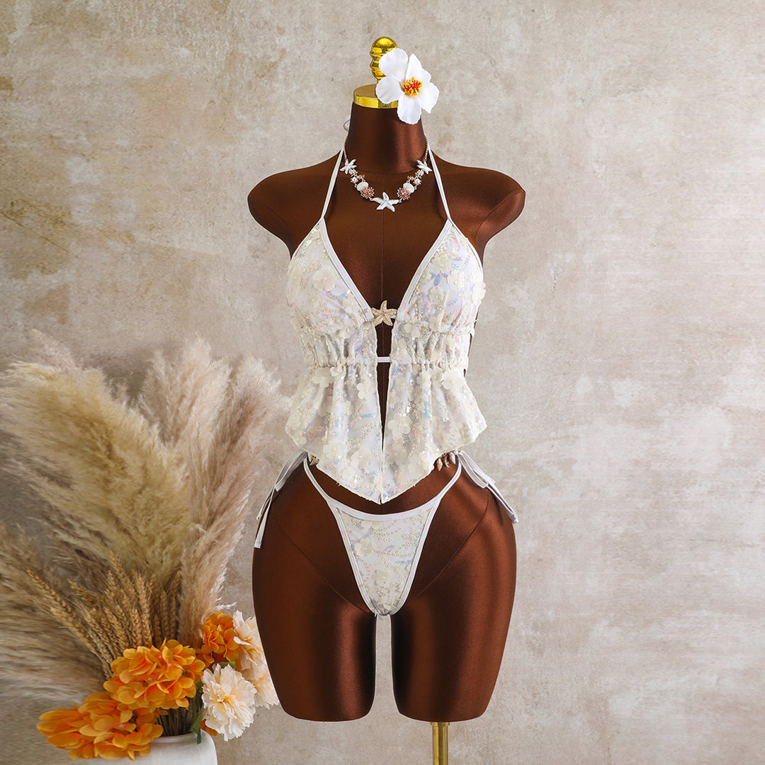 Damen Fließendes Strandtop mit floralem Design und transparentem Overlayer EB