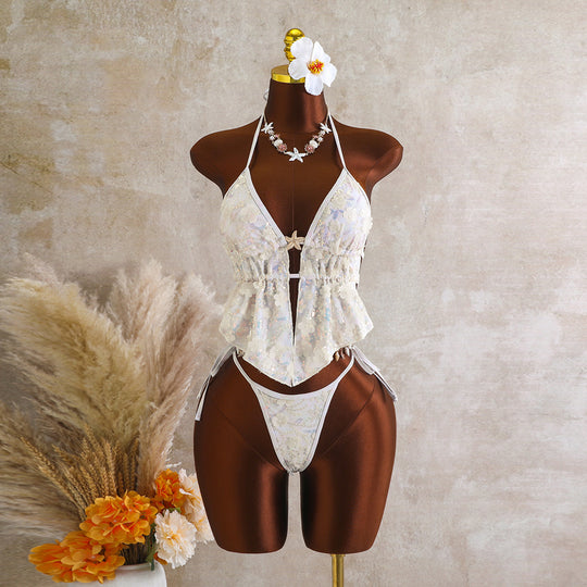 Damen Fließendes Strandtop mit floralem Design und transparentem Overlayer EB