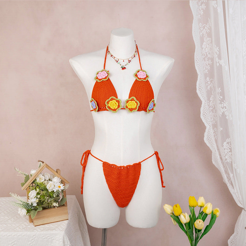 Damen Häkel-Bikini mit verspieltem Blumendesign und verstellbaren Bändern EB