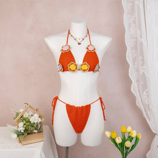 Damen Häkel-Bikini mit verspieltem Blumendesign und verstellbaren Bändern EB