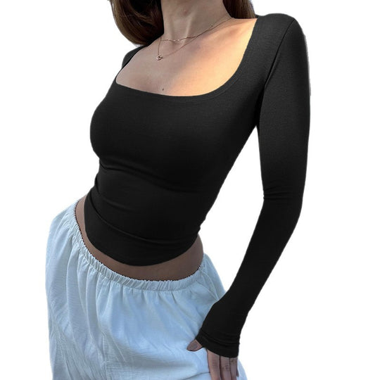 Damen Enganliegendes Langarm-Croppedshirt mit quadratischem Ausschnitt EB