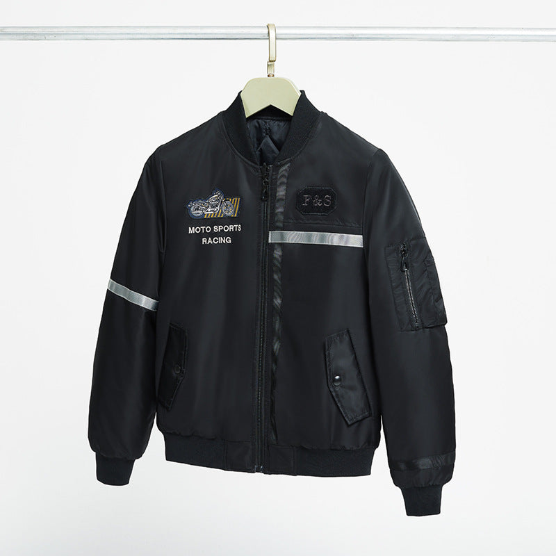 Men's  motorcycle-inspired reflective pilot bomber jacket with embroidered racing badge EB