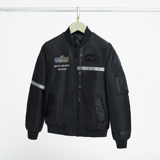 Men's  motorcycle-inspired reflective pilot bomber jacket with embroidered racing badge EB