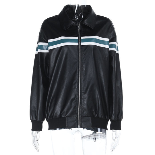 Damen Kunstleder-Bomberjacke mit Retro-Streifen und durchgehendem Reißverschluss EB