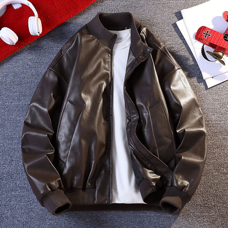 Herren Kunstleder Bomberjacke mit elastischen Rippbündchen und praktischen Taschen EB