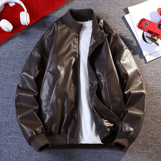 Herren Kunstleder Bomberjacke mit elastischen Rippbündchen und praktischen Taschen EB