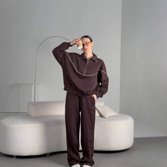 Damen Lockeres Loungewear-Set mit halbhohem Reißverschluss, überschnittenen Schultern und weiter Palazzohose EB