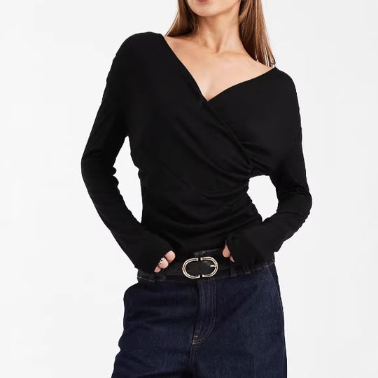 Damen Figurbetontes Wickelshirt mit V-Ausschnitt und Raffung EB