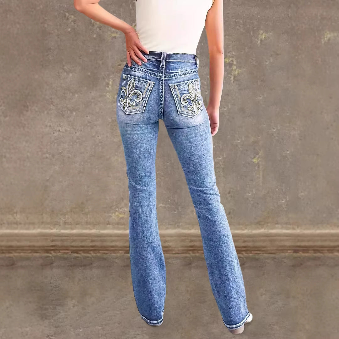 Damen Flared Jeans im Vintage-Stil mit hochgradigem Detail und raffinierten Stickereien EB