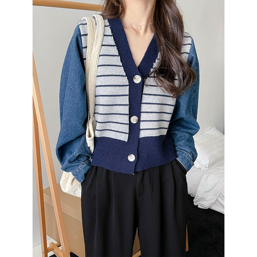 Damen modische Strickjacke mit modernen Streifen-Design und Raglanärmeln EB