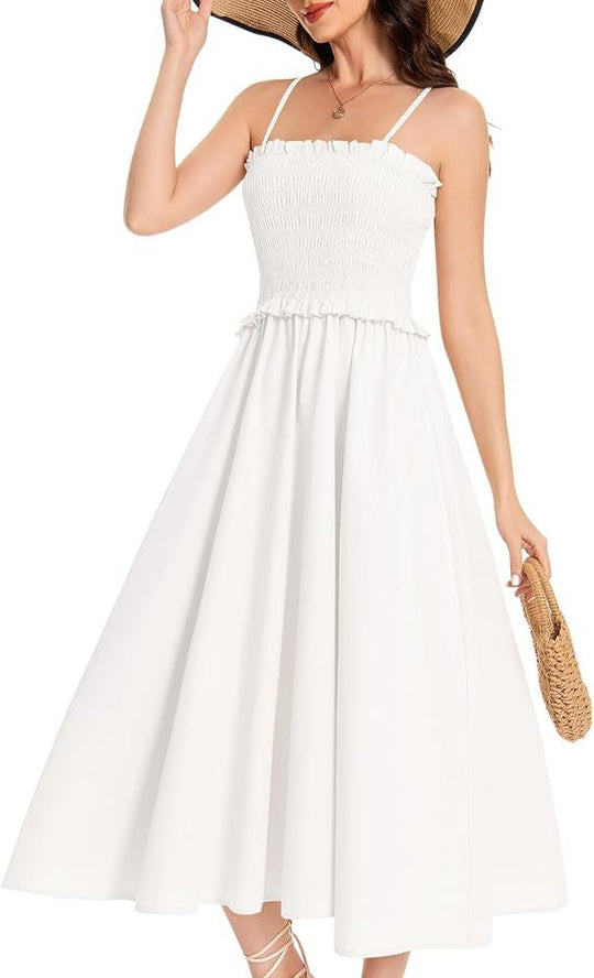 Damen Midi-Kleid mit elastischem Oberteil und weiten Rock EB