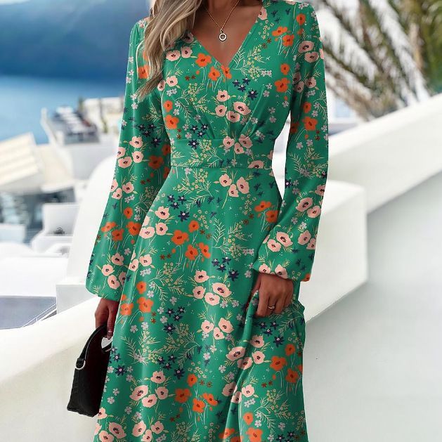 Damen Elegantes langärmliges Kleid mit raffiniertem V-Ausschnitt und floralem Muster EB