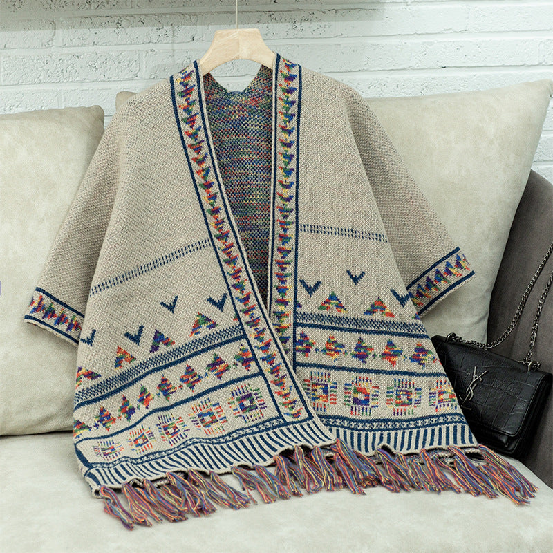 Damen stilvolle Poncho mit buntem Ethnomuster EB