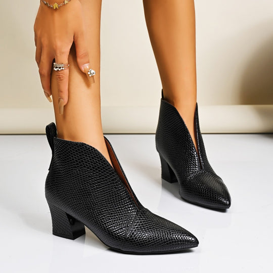 Damen  spitze Ankle Boots mit Schlangenprägung, V-Ausschnitt und stabilem Blockabsatz EB