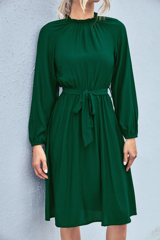 Damen Midi-Kleid mit elastischem Taillengürtel und femininen Puffärmeln EB