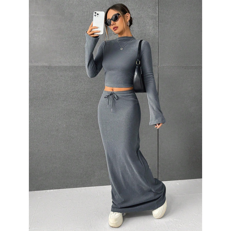 Damen Elegantes und komfortables Crop-Top mit langem Ärmel und Maxi-Rock EB
