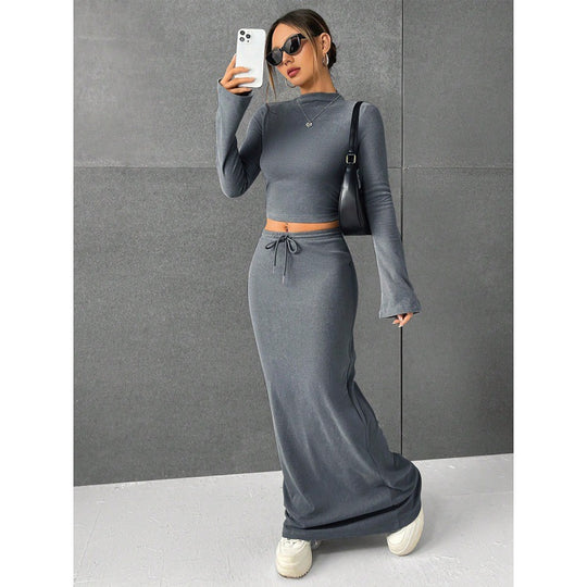 Damen Elegantes und komfortables Crop-Top mit langem Ärmel und Maxi-Rock EB