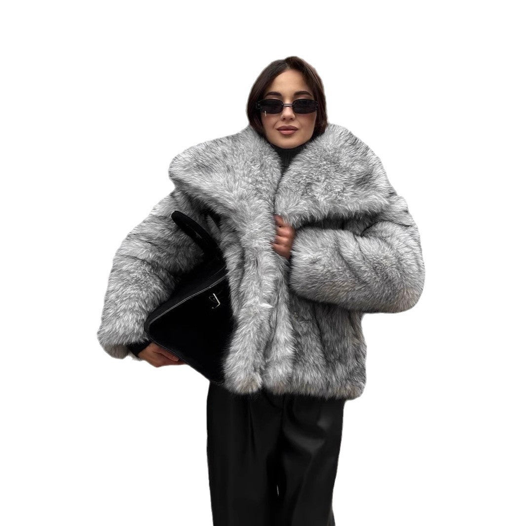 Damen elegante Kunstfelljacke mit voluminösem Kragen und verschließbaren Taschen EB