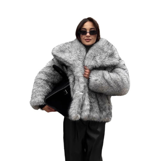 Damen elegante Kunstfelljacke mit voluminösem Kragen und verschließbaren Taschen EB