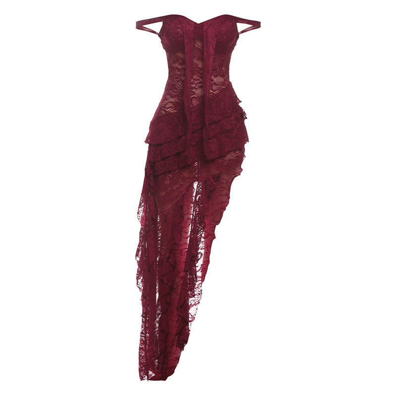 Damen asymmetrisches Spitzenkleid mit Rüschendetails EB