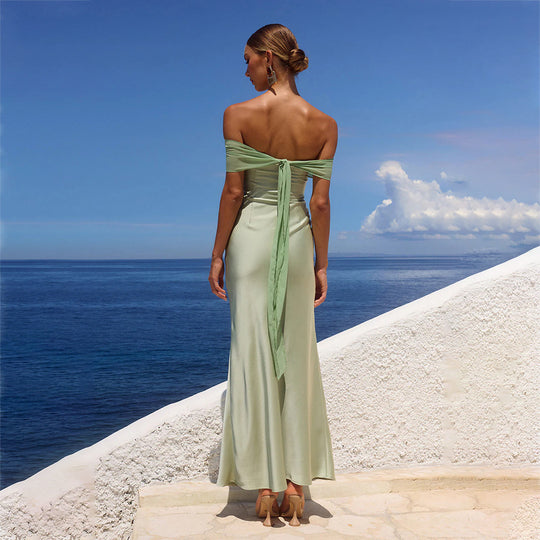 Damen elegantes Maxikleid mit schulterfreiem Design EB