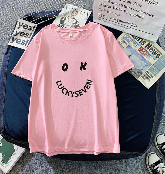 Damen modisches T-Shirt mit lässigem Smiley-Print und hochwertiger Baumwollqualität EB