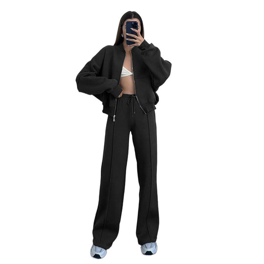 Damen nan kurz geschnittenes Blouson mit Reißverschluss und weiter High-Waist Jogginghose Set EB