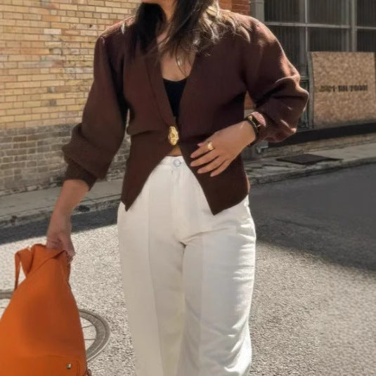Damen Eleganter und lässiger Cardigan mit tiefem Ausschnitt und Schmuckknopf EB