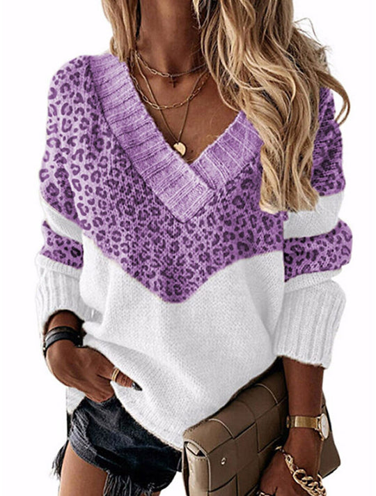 Damen modischer V-Ausschnitt Pullover mit Leopardenmuster EB