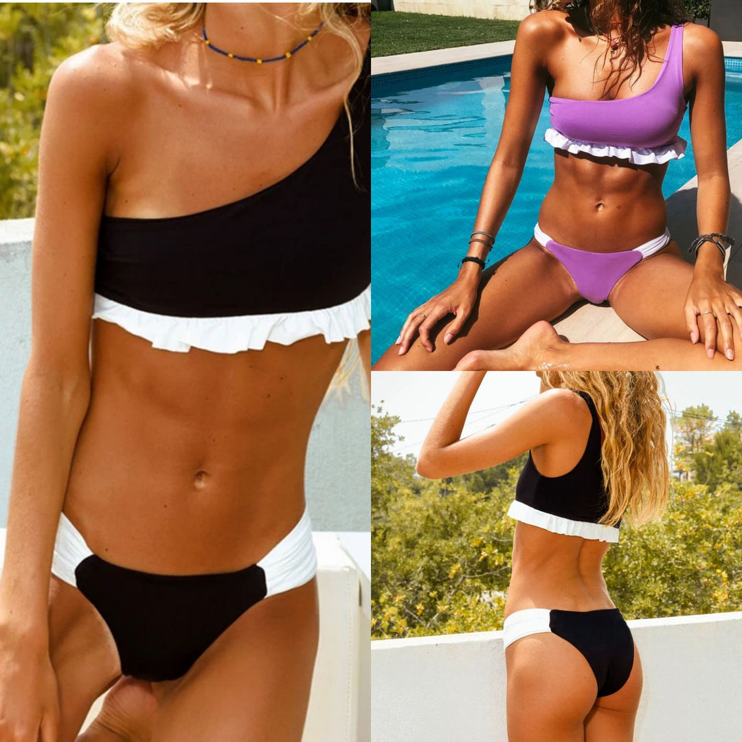 Damen Triangel-Bikini mit asymmetrischem Schnitt und Rüschendetails EB