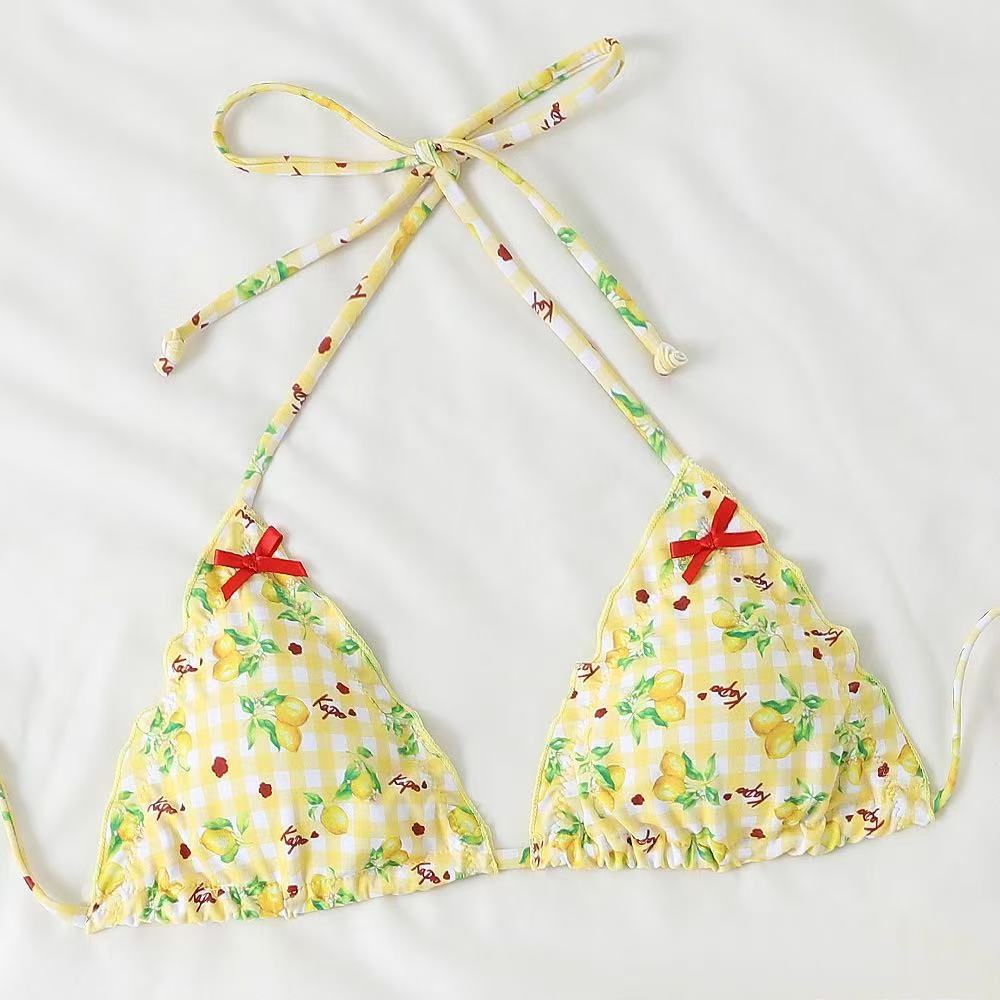 Damen Bikini-Set mit verspieltem Zitronenmuster und Rüschendetails EB