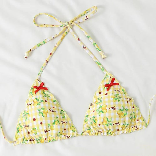 Damen Bikini-Set mit verspieltem Zitronenmuster und Rüschendetails EB