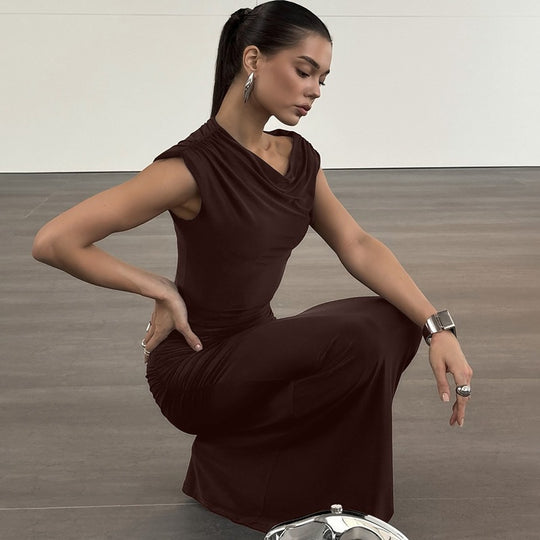 Damen Elegantes Wickel-Maxikleid mit asymmetrischer Schulterpartie EB