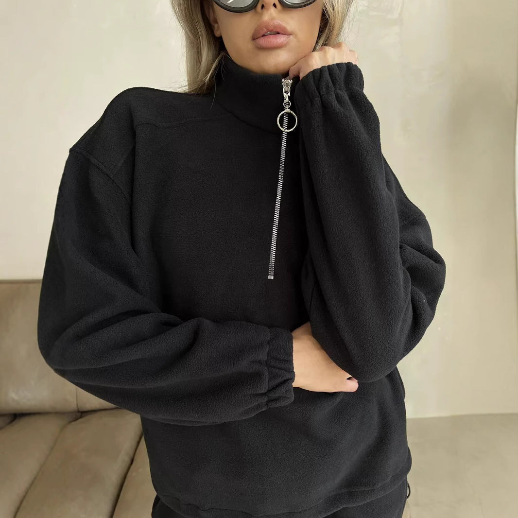 Damen lässiges Fleece-Jogginganzug Set mit Stehkragen und halbhohem Reißverschluss EB