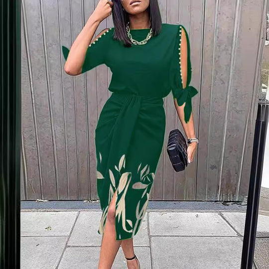 Damen Midikleid mit elegantem Bindegürtel und modischen Cut-Out-Ärmeln EB