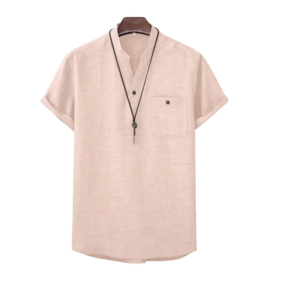 Herren nan lässiges Hemd im Mandarin-Stil kurzarm mit halber Knopfleiste aufgesetzter Brusttasche und abgerundetem Saum EB