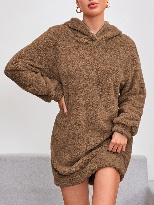 Damen Flauschiger Hoodie-Kleid mit Kapuze und praktischen Taschen EB