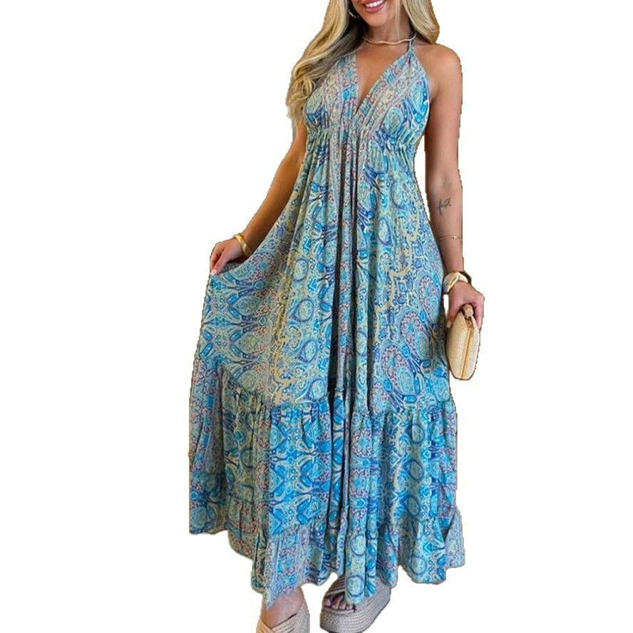 Damen Maxi-Kleid im verspielten Boho-Stil mit Volants und tiefer Taille EB