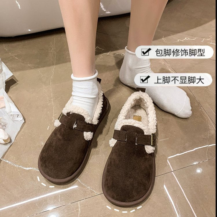 Damen Gefütterte Wildleder‑Optik Hausschuhe-Mules mit Teddyfutter und verstellbarem Riemen EB