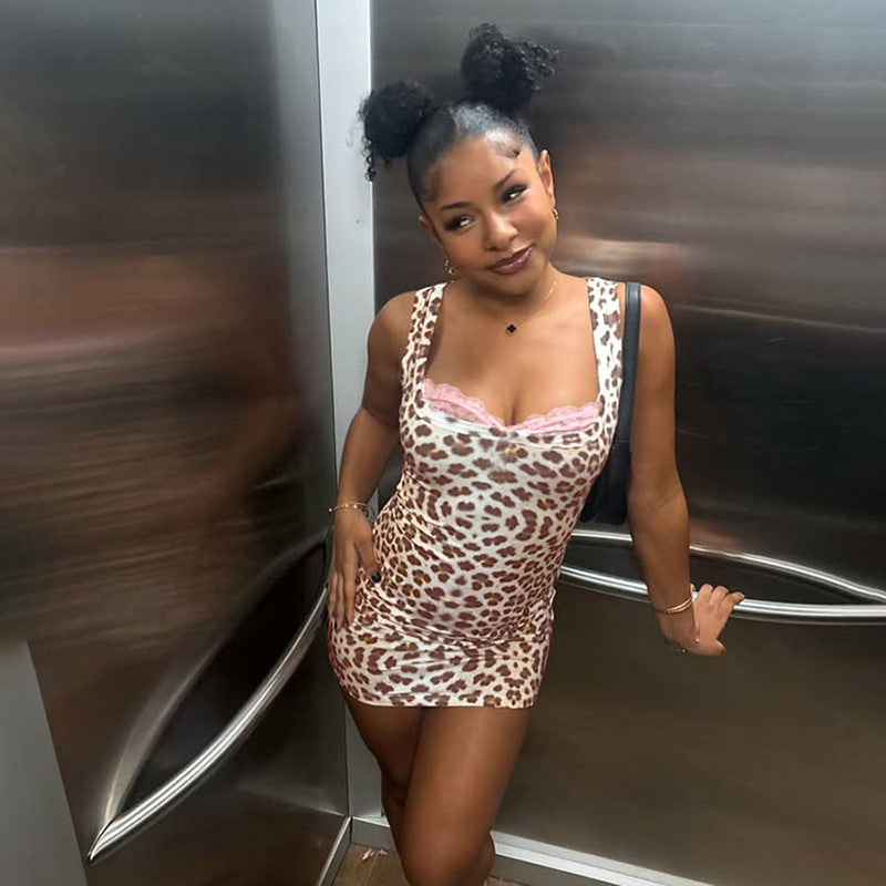 Damen figurbetontes Leo-Minikleid mit dekorativem Spitzenoberteil EB