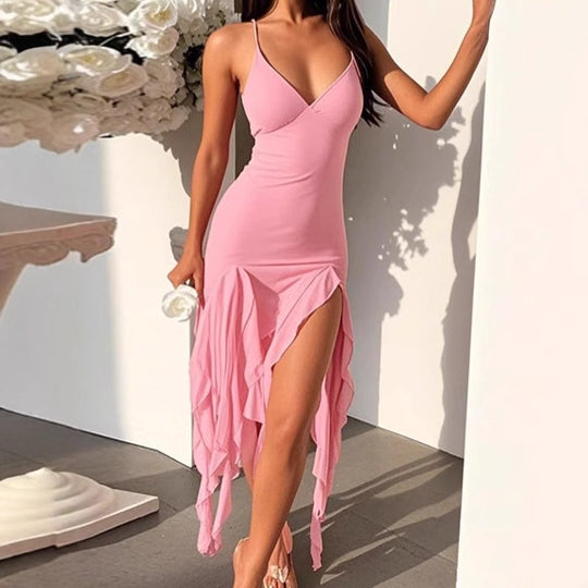 Damen Elegantes Maxikleid mit asymmetrischem Saum und tiefem V-Ausschnitt EB