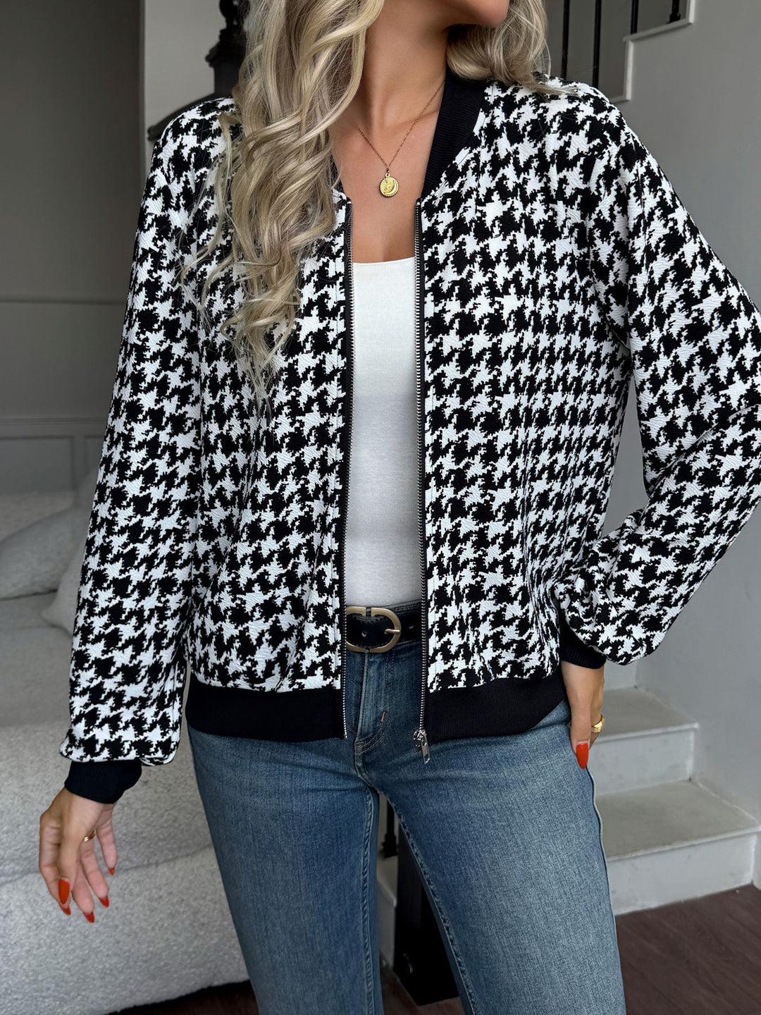 Damen Modischer Bomberjacke mit klassischem Hahnentrittmuster EB